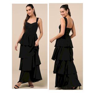 Lulus Carlynda Black Tiered Bustier Maxi Dress Size Large New NWT